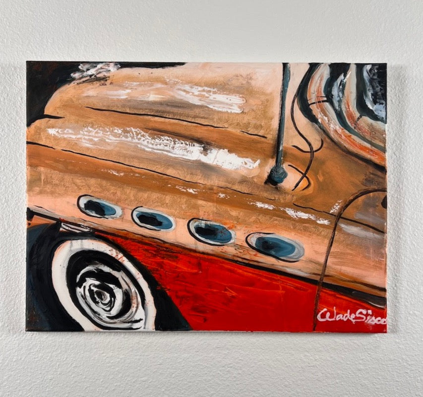 Painting of old Buick car in orange using oil on canvas