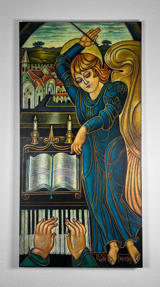 Janet Snitkovsky
Angel Conductor, 2020
Oil Pastel on Canvas, 24" x 48"
Neo-Renaissance, Abstract Surrealism&nbsp;