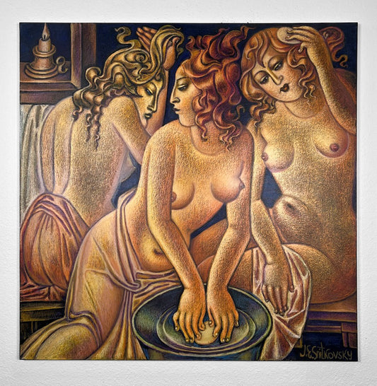 Original Artwork Oil Pastel on Canvas  by Artist Janet Snitkovsky Palm Springs Painter Janet_The_Ladies_Bath_IMG_5478