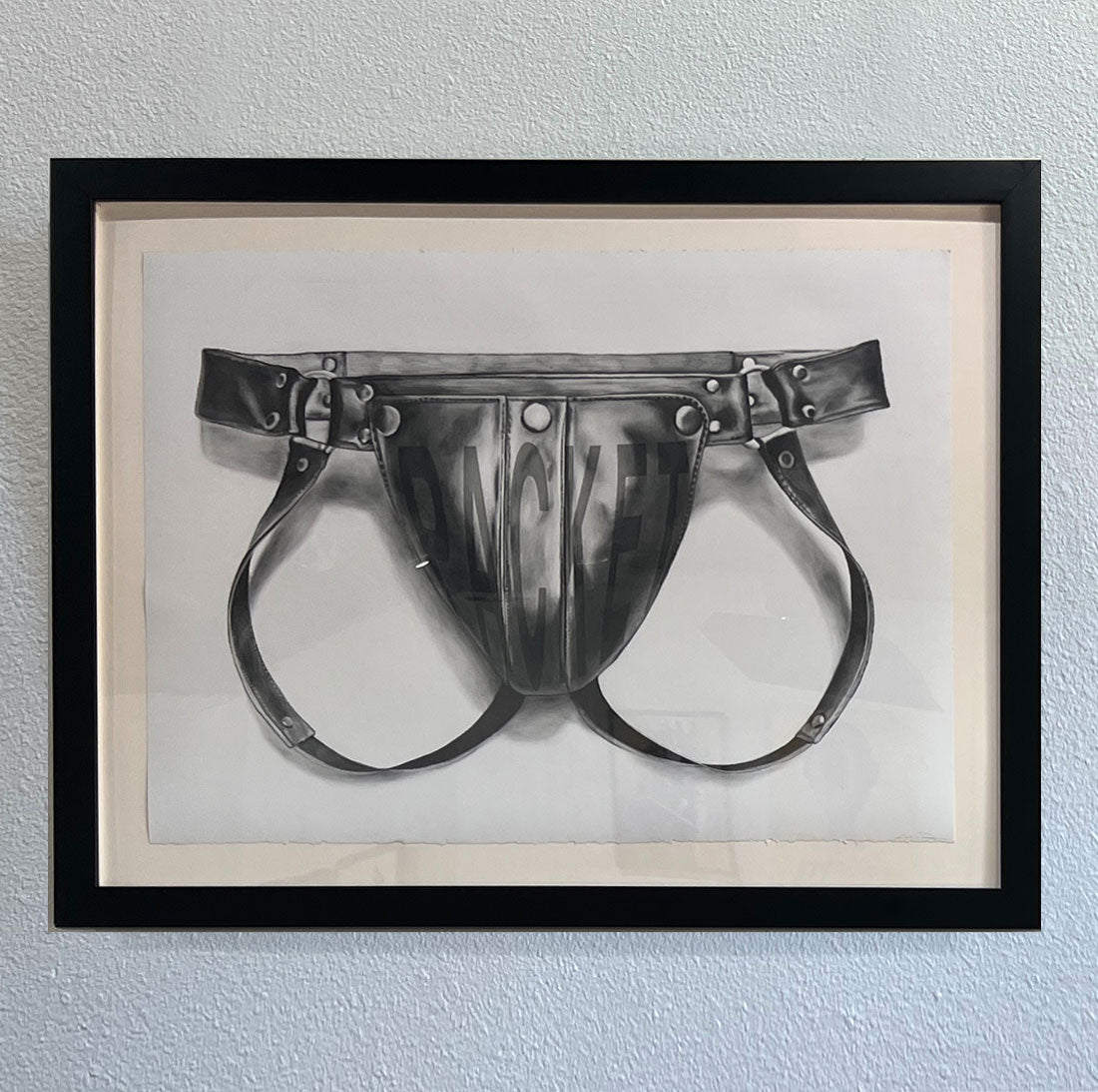 Original hand drawn artwork by artist Zackary Petot
Packet #2, 2022
Graphite Drawing On Paper, Framed 12" x 12"
Hyperrealism, Queer Art, Fetish Iconography, Contemporary